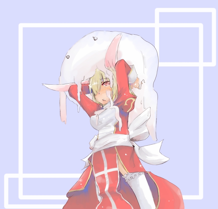 1girl arms_up back_bow blonde_hair blue_background blush bow breasts commentary_request cowboy_shot dress food from_below hair_over_one_eye high_priest_(ragnarok_online) juliet_sleeves long_sleeves medium_breasts mochi nazo open_mouth pelvic_curtain puffy_sleeves ragnarok_online red_dress sash short_hair slime_(creature) solo thighhighs two-tone_dress white_bow white_dress white_sash white_thighhighs