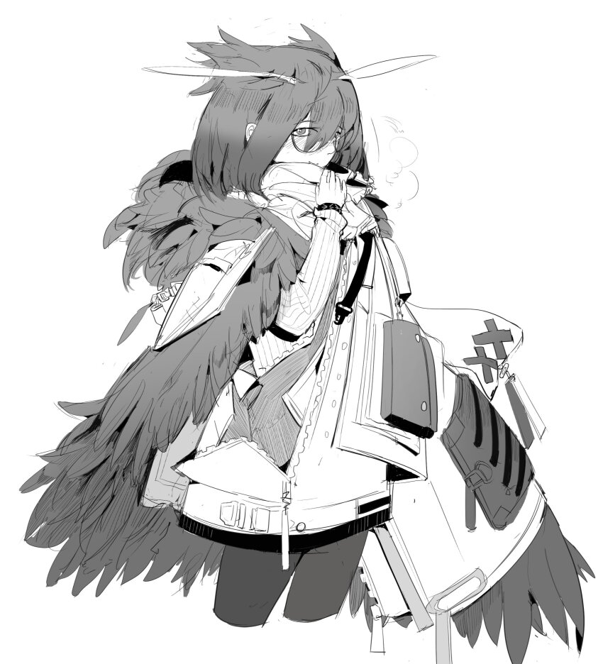 1girl absurdres arknights bird_wings blush coat commentary cropped_legs english_commentary eyes_visible_through_hair feather_hair from_side glasses greyscale hair_over_one_eye hand_up highres i_sleepingnow infection_monitor_(arknights) looking_at_viewer medium_hair monochrome owl_ears owl_girl pantyhose round_eyewear scarf sidelocks sideways_glance silence_(arknights) silence_(frosted_breath)_(arknights) simple_background smile solo wings winter_clothes winter_coat zipper