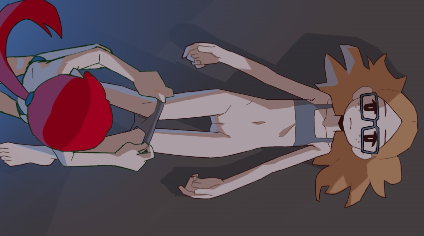 2girls absurdres barefoot black_eyes blonde_hair bottomless bra cleft_of_venus closed_mouth expressionless flat_chest freckles glasses grey-framed_eyewear highres hotelblue loli lying madeline_(hotelblue) multiple_girls navel on_back on_ground original panties panty_pull ponytail pulling_another&#039;s_clothes pussy r.h. red_hair topless_female training_bra underwear undressing_another yuri