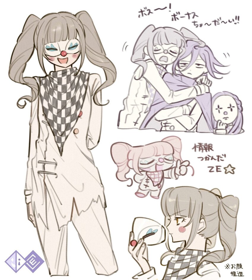 1boy 2girls arm_behind_back blonde_hair blush blush_stickers brown_hair chibi clown_mask commentary cropped_legs crossed_arms danganronpa_(series) danganronpa_v3:_killing_harmony dice_members_(danganronpa) flipped_hair highres holding holding_mask hug long_hair mask medium_hair morning_(d0nteat) multiple_girls oma_kokichi pale_color pants profile purple_hair sketch smile standing translation_request twintails unamused white_background white_pants yellow_eyes