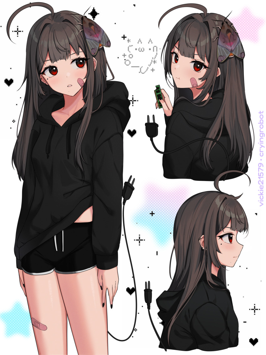 1girl ahoge animal animal_on_head arms_at_sides artist_name ascii_art bandaid bandaid_on_cheek bandaid_on_face bandaid_on_leg black_hoodie black_nails black_shorts black_sweater breasts brown_hair bug cable cable_tail cat closed_mouth commentary cowboy_shot dolphin_shorts drawstring ear_piercing earrings eating electric_plug electric_plug_tail food_bite from_behind from_side gym_shorts heart highres holding hood hood_down hoodie insect jewelry long_hair long_sleeves looking_at_viewer looking_back mechanical_tail midriff_peek mole mole_under_eye moth multiple_views nail_polish on_head original parted_lips piercing profile ram_(computer) red_eyes shorts simple_background small_breasts sparkle sweater symbol-only_commentary tail tail_raised upper_body vickie_(cryingrobot) vickie_(cryingrobot)_(character) white_background