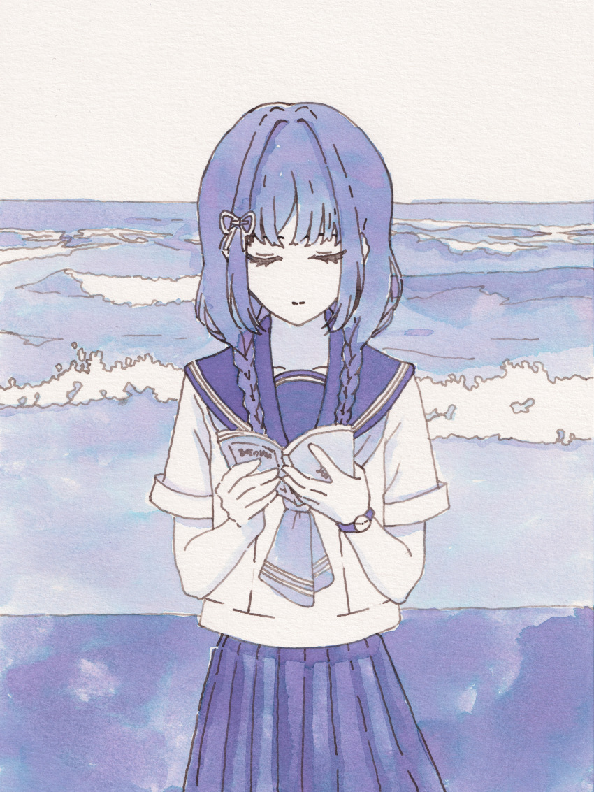 1girl absurdres amemori_sayo blue_hair blue_neckerchief book braid closed_eyes closed_mouth cowboy_shot facing_viewer hair_ribbon highres holding holding_book horizon limited_palette long_hair low_twin_braids neckerchief nijisanji nkymyura ocean open_book outdoors painting_(medium) pleated_skirt purple_sailor_collar purple_skirt ribbon sailor_collar shirt short_sleeves skirt smile solo straight-on traditional_media twin_braids virtual_youtuber watch water watercolor_(medium) waves white_shirt wristwatch