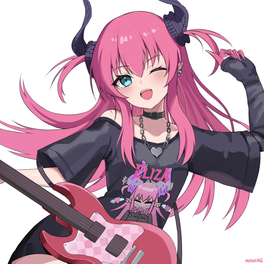 1girl absurdres black_shirt blue_eyes blush breasts choker curled_horns dragon_horns earrings electric_guitar elizabeth_bathory_(fate) elizabeth_bathory_(perfect)_(fate) elizabeth_bathory_(perfect)_(first_ascension)_(fate) fate/grand_order fate_(series) guitar hair_ribbon highres horns instrument jewelry long_hair looking_at_viewer nagine off_shoulder open_mouth pink_hair pointy_ears ribbon shirt short_sleeves small_breasts smile solo two_side_up