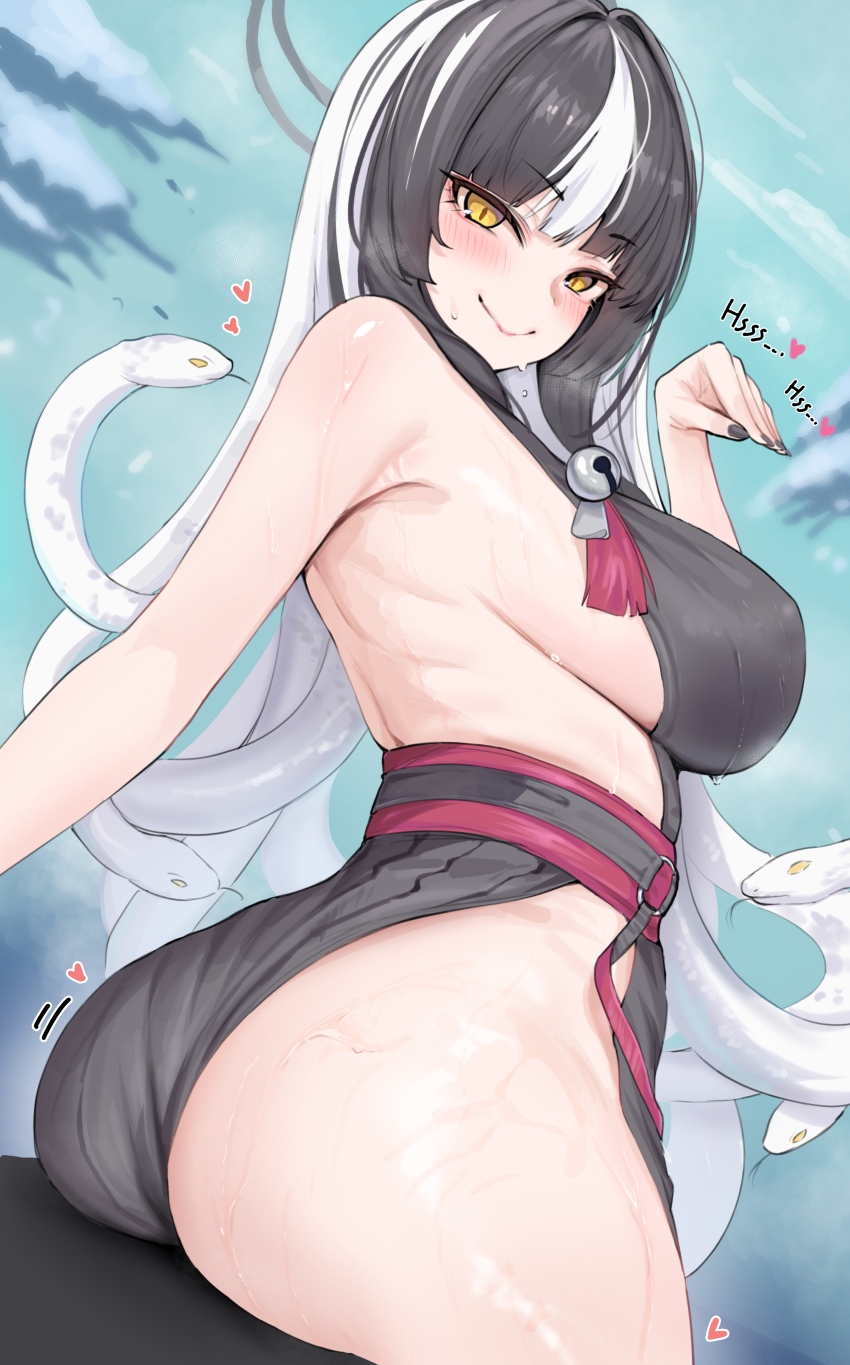 1girl absurdres ass azami_(blue_archive) black_hair blue_archive blush breasts closed_mouth commentary fluffyebi01 grey_halo hair_intakes halo hand_up heart highres huge_ass japanese_clothes kimono large_breasts long_hair looking_at_viewer multicolored_hair side_slit sideboob sleeveless sleeveless_kimono slit_pupils small_pupils smile snake snake_hair sweat thick_thighs thighs twisted_torso two-tone_hair wet white_hair white_snake yellow_eyes