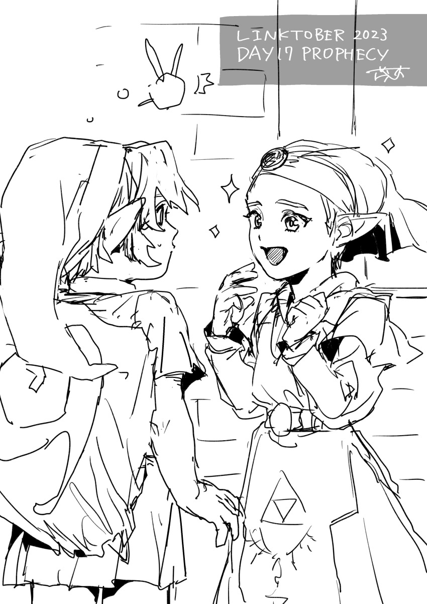 1boy 1girl 2023 belt cowboy_shot dress fairy hat headdress lineart link looking_at_another monochrome navi nintendo open_mouth pointy_ears princess_zelda shrub_mtg sketch smile sparkle sweatdrop the_legend_of_zelda the_legend_of_zelda:_ocarina_of_time tunic young_link young_zelda