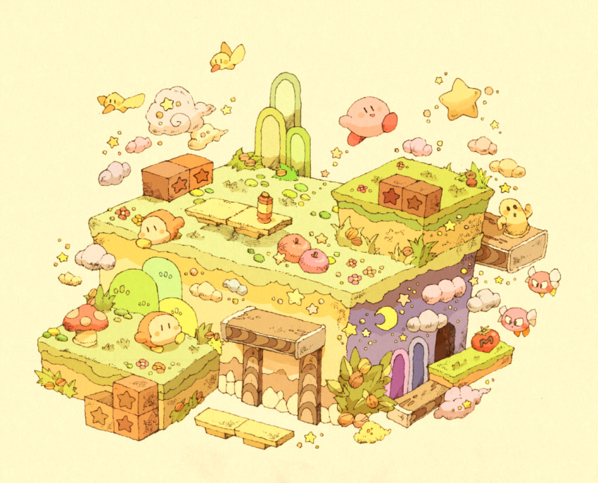 :d apple bird blush bronto_burt bush cappy_(kirby) character_request cloud crescent_moon flying food fruit grass hill jumping kirby kirby&#039;s_dream_land kirby_(series) maniani maxim_tomato moon mushroom nintendo no_humans open_mouth plant rock scenery simple_background smile solid_oval_eyes star_(symbol) star_block waddle_dee walking warp_star white_background