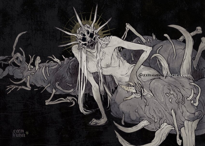 1other aldrich_devourer_of_gods artist_name black_background body_horror bone breasts closed_mouth colored_extremities dark_souls_(series) dark_souls_iii eldritch_abomination extra_eyes extra_penises femboy fingernails grey_skirt halo halo_behind_head hand_on_ground horror_(theme) medium_breasts monster nipples patreon_username penis_on_face pointy_ears sharp_fingernails sharp_teeth simple_background skeleton skirt skull teeth twitter_username very_long_fingernails xxxenokun