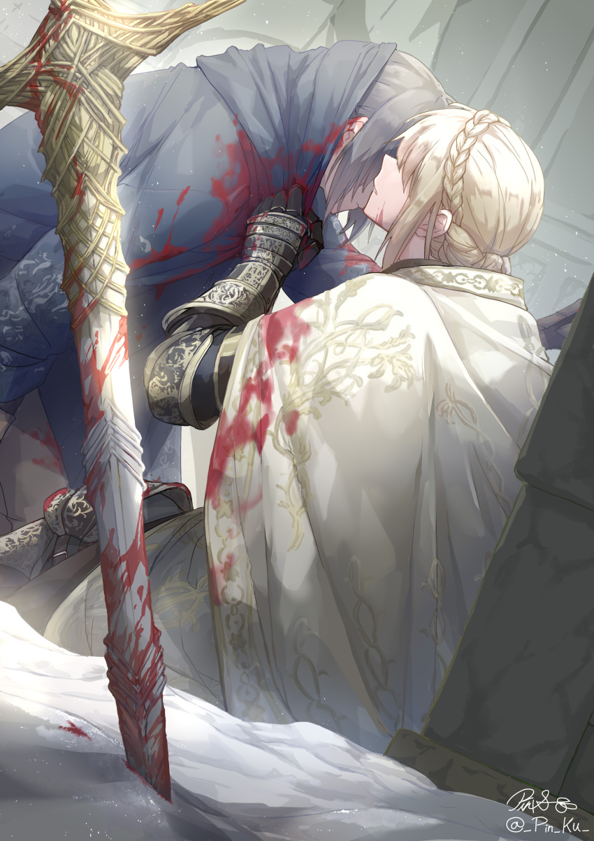 2girls absurdres armor artist_name blonde_hair blood blood_on_clothes blood_on_face braid cape commentary crown_braid dying elden_ring elden_ring:_shadow_of_the_erdtree english_commentary gauntlets grey_hair highres in-universe_location light_particles multiple_girls needle_knight_leda pin.s planted planted_sword planted_weapon sand signature sword tarnished_(elden_ring) weapon white_cape
