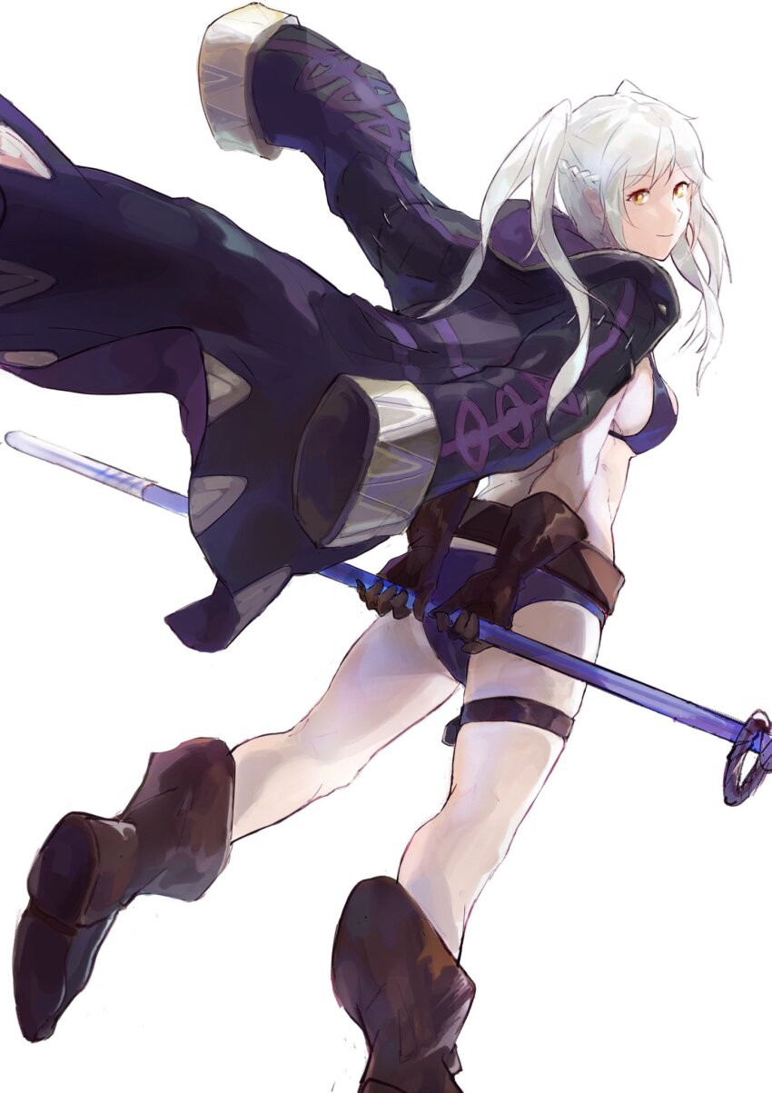1girl arms_behind_back ass bikini breasts brown_eyes brown_gloves commentary female_robin_(fire_emblem) fire_emblem fire_emblem_awakening fire_emblem_heroes from_behind gimkamres04 gloves highres holding holding_polearm holding_weapon long_hair looking_at_viewer looking_back medium_breasts nintendo official_alternate_costume polearm purple_bikini female_robin_(seaside_tactician)_(fire_emblem) sideboob simple_background solo swimsuit symbol-only_commentary twintails weapon white_background white_hair