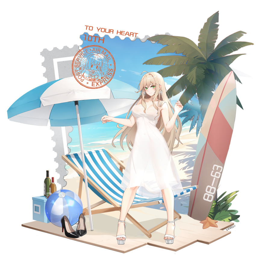 1girl ball beach beach_chair beach_umbrella beachball blonde_hair blue_sky breasts day dress earrings green_eyes high_heels highres jewelry large_breasts long_hair missouri_(warship_girls_r) ocean palm_tree sand sandals sky sleeveless sleeveless_dress solo star_(symbol) star_earrings surfboard tree umbrella very_long_hair warship_girls_r white_dress xnnagu