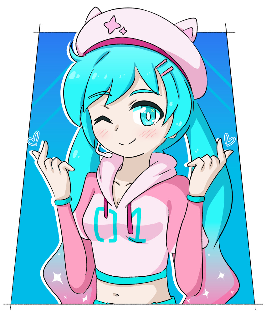 1girl aged_down animal_ears arms_up blue_background blue_eyes blue_hair blush breasts cat_ears closed_mouth female_focus hat hatsune_miku heart jua long_hair multicolored_hair navel nose one_eye_closed pink_hair shadow small_breasts smile solo standing vocaloid