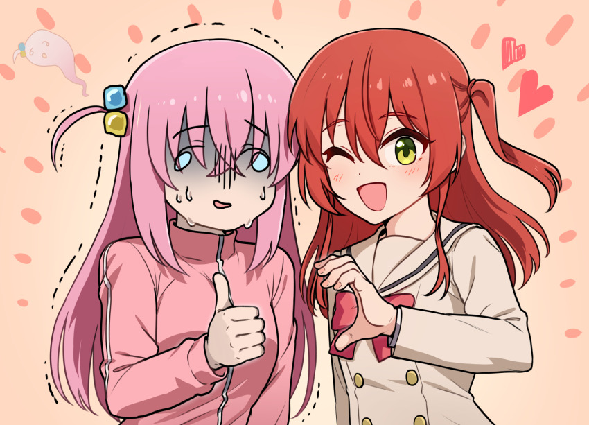 2girls ;d blue_eyes blush bocchi_the_rock! commentary crossed_bangs cube_hair_ornament fingernails giving_up_the_ghost gotoh_hitori green_eyes grey_sailor_collar grey_shirt hair_between_eyes hair_ornament happy heart heart_hands_failure highres jacket kamille_(vcx68) kita_ikuyo long_hair looking_at_viewer multiple_girls nervous nervous_smile nervous_sweating one_eye_closed one_side_up open_mouth orange_background pink_hair pink_jacket red_hair revision sailor_collar school_uniform shirt shuka_high_school_uniform side-by-side sidelocks simple_background smile straight_hair sweat thumbs_up track_jacket trembling upper_body very_long_hair