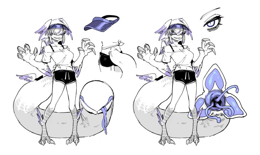 1girl absurdres bare_shoulders bird_legs reference_sheet claws digitigrade dolphin_shorts fewer_digits full_body grin hair_over_eyes head_wings highres karasu_raven large_tail monochrome monster_girl navel original pointy_ears sharp_teeth shirt short_shorts shorts sidelocks slit_pupils smile solo spot_color standing tail tail_mouth teeth tied_shirt tsurime visor_cap wings
