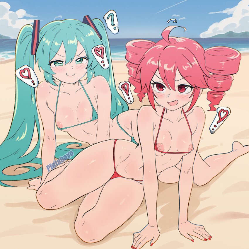 2girls absurdres areola_slip bare_shoulders beach bikini blush breasts collarbone hatsune_miku highres kasane_teto long_hair micro_bikini multiple_girls nipples piutahayo small_breasts string_bikini swimsuit very_long_hair vocaloid