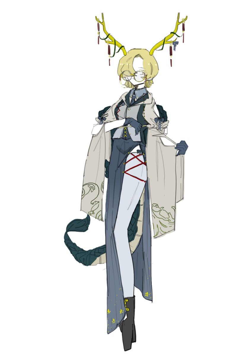 1girl alternate_costume black_shoes blonde_hair blue_gloves blue_necktie blue_skirt commentary_request eastern_dragon_horns eastern_dragon_tail full_body glasses gloves highres kicchou_yachie looking_at_viewer necktie robe round_eyewear shoes short_hair skirt solo touhou vest white_background white_robe yellow_eyes zenritsu