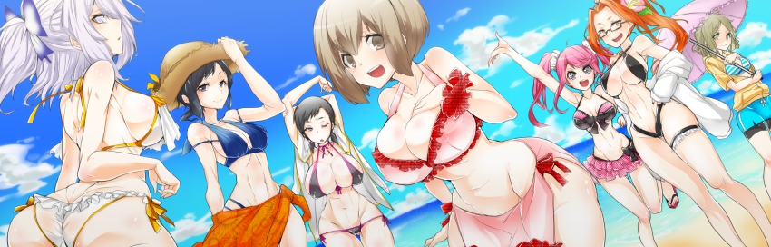 10s 6+girls ass ban_airi bikini black_hair breasts brown_hair butt_crack devil_survivor_(series) devil_survivor_2 glasses grey_eyes haoro highres hotsuin_miyako huge_breasts kanno_fumi kujou_hinako large_breasts long_hair matching_hair/eyes multiple_girls nail_polish navel nitta_io orange_eyes orange_hair sako_makoto short_hair sideboob silver_hair swimsuit underboob yanagiya_otome