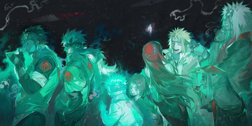 2girls 6+boys black_hair cheekbones child cigarette closed_eyes cowboy_shot disappear facial_mark facing_another forehead_protector ghost green_theme grin hand_on_own_chin happy hatake_sakumo hex_6shui highres jiraiya_(naruto) laughing lighting_cigarette long_hair looking_to_the_side low_ponytail multiple_boys multiple_girls namikaze_minato naruto_(series) naruto_shippuuden ninja nohara_rin ootsutsuki_hagoromo ponytail profile red_hair sarutobi_asuma sarutobi_hiruzen scratching_head short_hair sky smile smoke space spiked_hair star_(sky) starry_sky stroking_own_chin uchiha_obito upper_body uzumaki_kushina uzumaki_symbol very_long_hair