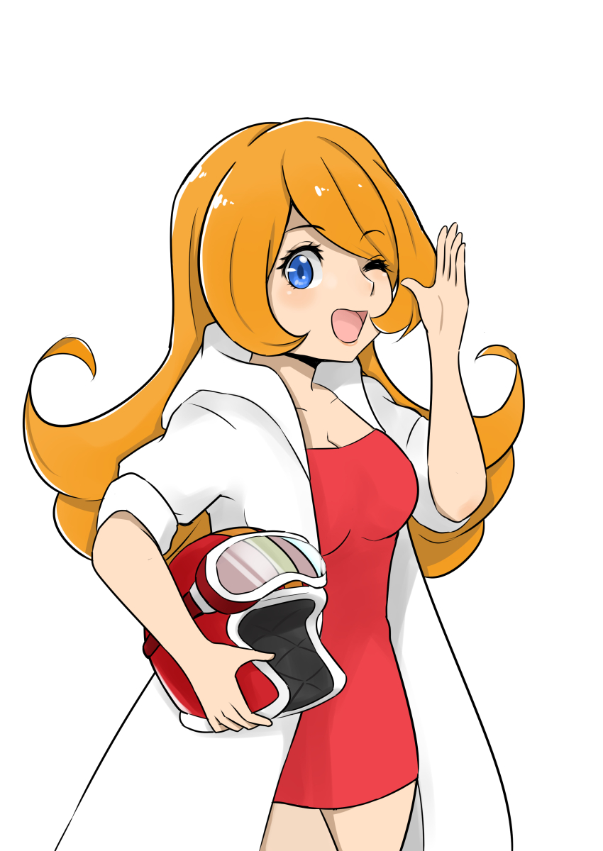1girl absurdres blue_eyes coat dress helmet highres holding holding_helmet long_hair looking_at_viewer mona_(warioware) motorcycle_helmet nintendo one_eye_closed ootori_kinoto open_mouth orange_hair red_dress simple_background warioware white_background white_coat
