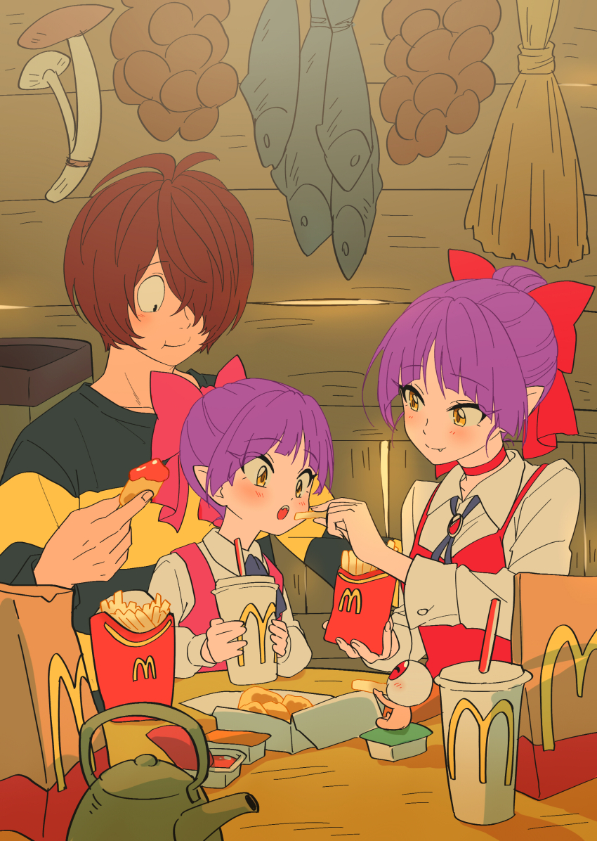._. 1boy 2girls absurdres blush bow brown_hair chicken_nuggets commentary_request derivative_work eating eyeball family fang father_and_daughter father_and_son feeding fish food french_fries gegege_no_kitarou hair_bow highres if_they_mated indoors kettle kitarou mcdonald&#039;s medama_oyaji mother_and_daughter multiple_girls mushroom nekomusume nekomusume_(gegege_no_kitarou_6) on_lap purple_hair short_hair silanduqiaocui sitting smile table yellow_eyes yoru_mac