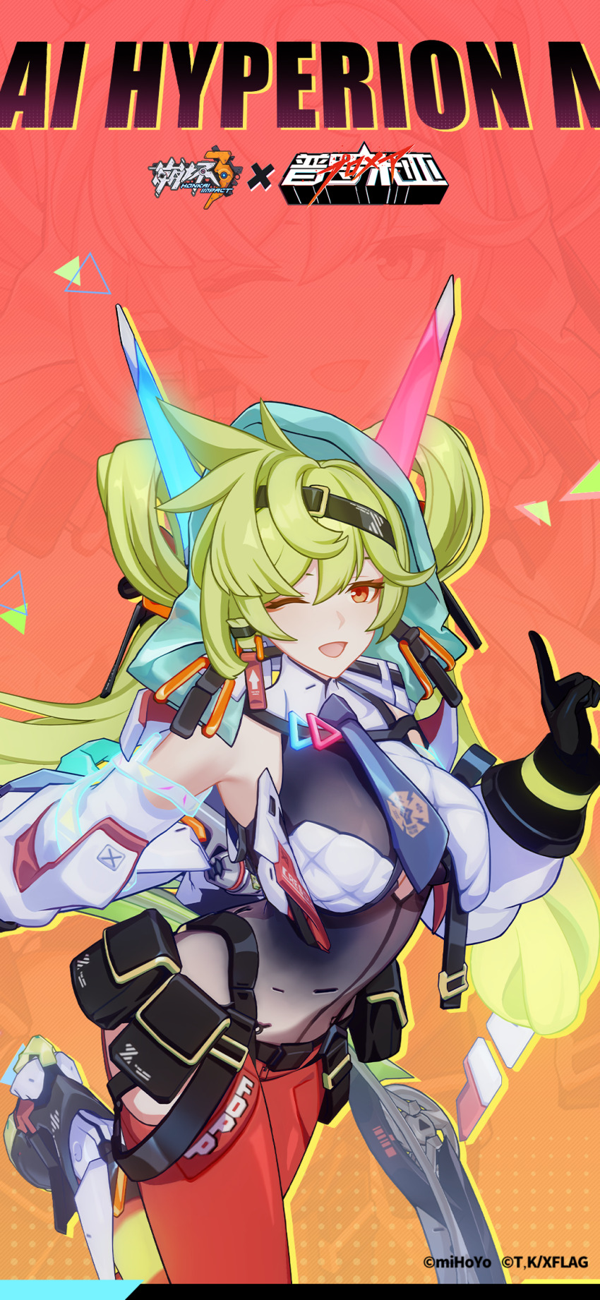 1girl artist_collaboration black_gloves blue_necktie breasts chakram character_name copyright_name cosplay galo_thymos galo_thymos_(cosplay) gloves green_hair highres holding holding_weapon honkai_(series) honkai_impact_3rd large_breasts logo long_hair looking_at_viewer necktie official_art official_wallpaper one_eye_closed open_mouth pants promare red_pants solo twintails upper_body weapon white_sleeves zoom_layer