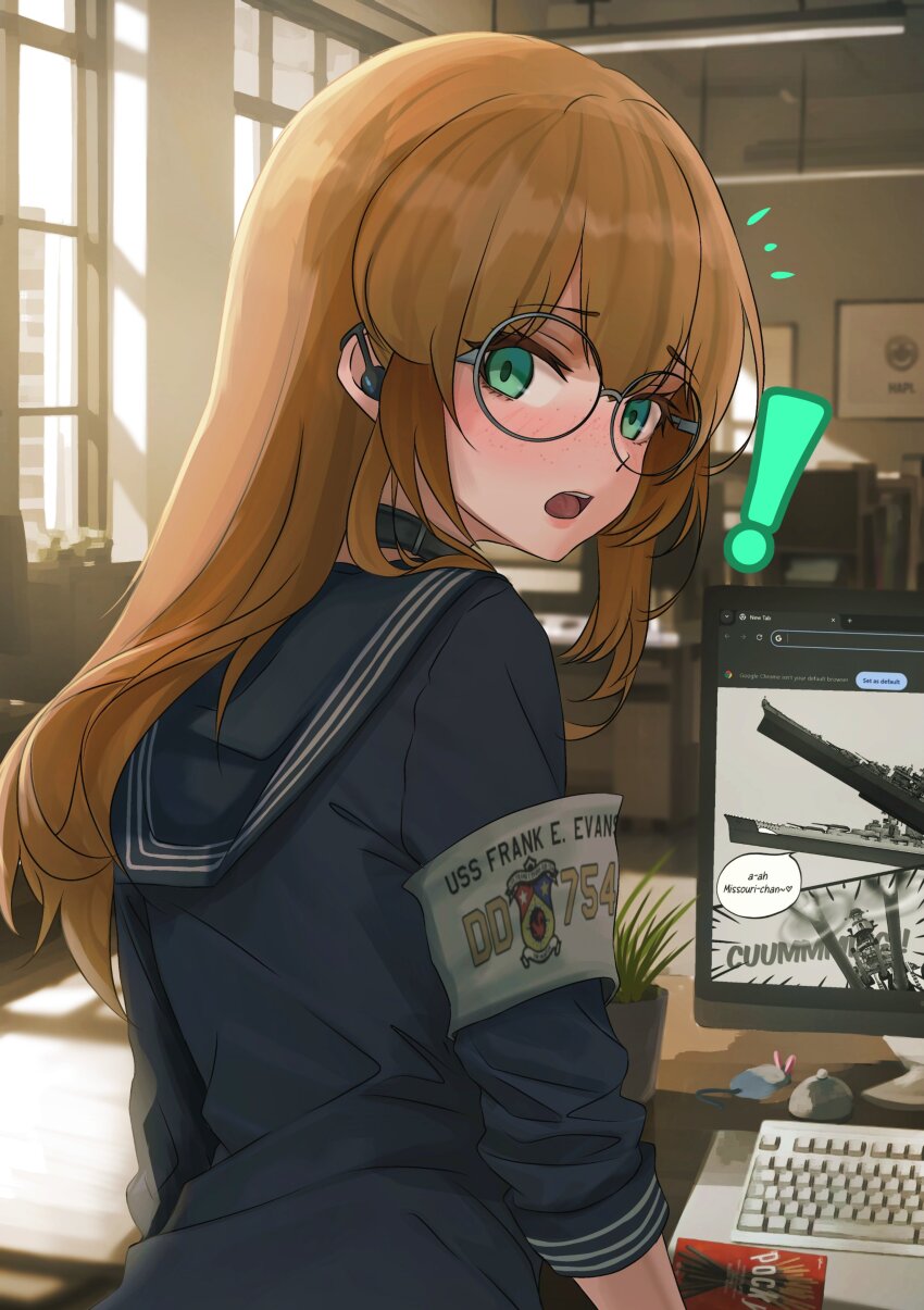 1girl absurdres armband black_collar collar commentary computer dgkamikaze earphones english_commentary food glasses gloves green_eyes highres indoors looking_at_viewer looking_back military_uniform monitor naval_uniform naval_working_uniform notice_lines open_mouth original plant pocky potted_plant round_eyewear second-party_source sleeves_rolled_up solo teeth tongue upper_teeth_only white_armband
