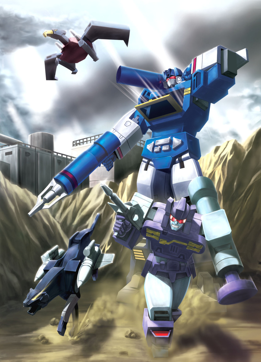 1980s_(style) bad_id bad_pixiv_id bird cloud decepticon dust eagle frenzy_(transformers) gun handgun highres hiro_(hibikigaro) laserbeak mecha missile no_humans oldschool panther pistol ravage_(transformers) retro_artstyle rifle robot rumble_(transformers) science_fiction soundwave_(transformers) transformers transformers:_generation_1 weapon
