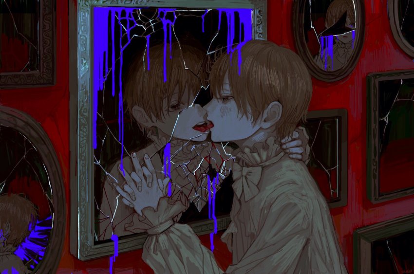 1boy beige_bow blood blue_blood bow broken broken_glass broken_mirror brown_eyes brown_hair colored_blood crack cracked_wall death different_reflection dripping fingernails glass highres holding holding_hands indoors kiss male_focus mirror open_mouth original reflection selfcest shida_7 solo teeth tongue tongue_out upper_teeth_only yaoi