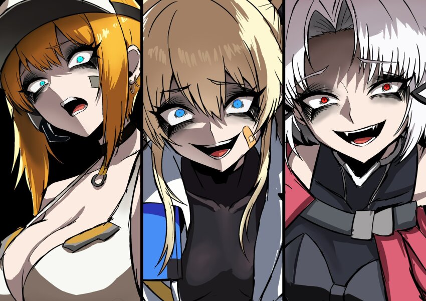 3girls armband armored_bodysuit armored_gloves armored_legwear armored_leotard bandaid bandaid_on_cheek bandaid_on_face blonde_hair blue_eyes breasts drake_(nikke) gloves goddess_of_victory:_nikke highres laplace_(nikke) leotard long_hair matis_(nikke) maxwell_(nikke) multiple_girls multiple_piercings nagainegi open_mouth red_eyes short_hair smile sports_bra twintails white_hair white_sports_bra yellow_armband