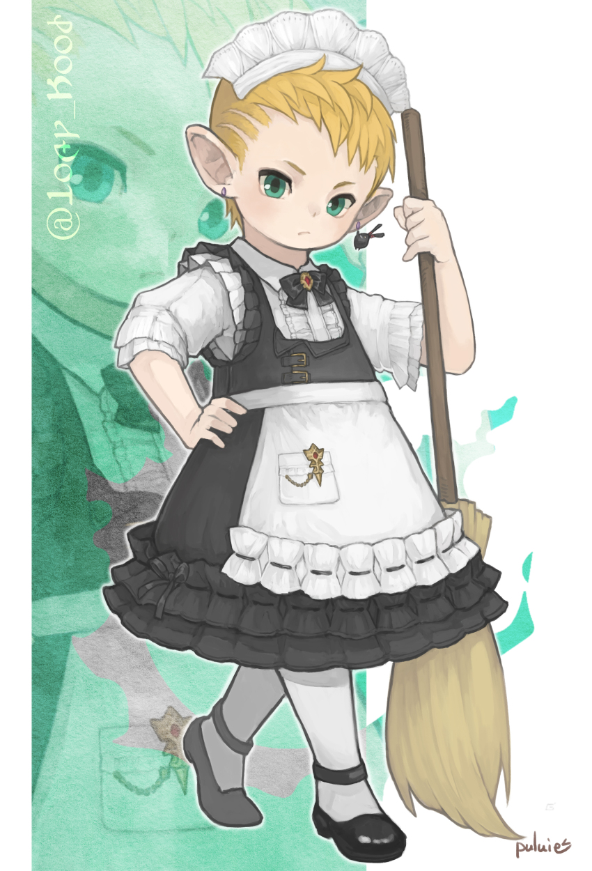 1boy absurdres apron black_bow black_bowtie black_dress blonde_hair bow bowtie broom closed_mouth collar crossdressing dress earrings final_fantasy final_fantasy_xiv frilled_dress frills full_body gem green_eyes hand_on_own_hip highres holding holding_broom jewelry lalafell looking_at_viewer maid maid_apron maid_headdress male_focus multiple_views pointy_ears puluie short_hair signature single_earring spriggan_(final_fantasy) tiptoes waist_apron white_collar white_headdress