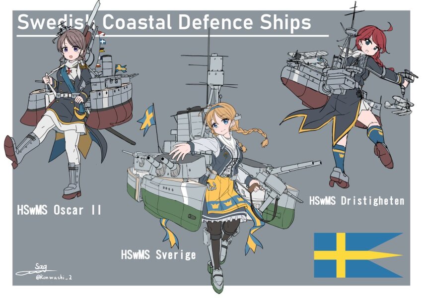 3girls aircraft coat_of_arms dress gun holding holding_gun holding_weapon mecha_musume military_vehicle multiple_girls original scarf ship simple_background skirt sweden swedish_flag teisei_misagi tre_kronor warship watercraft weapon world_war_ii