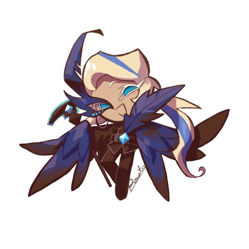 1other :d artist_name belt black_belt black_pants blonde_hair blue_hair blue_wings cookie_run cookie_run:_ovenbreak diamond_(shape) earrings feathered_wings full_body highres holding hoop_earrings jewelry knees_apart_feet_together long_hair long_sleeves looking_at_viewer low_ponytail multicolored_hair official_alternate_costume official_alternate_hair_color open_mouth other_focus pants ponytail rn9j roguefort_cookie roguefort_cookie_(phantom_raven) simple_background smile solo streaked_hair two-tone_hair very_long_hair white_background wings