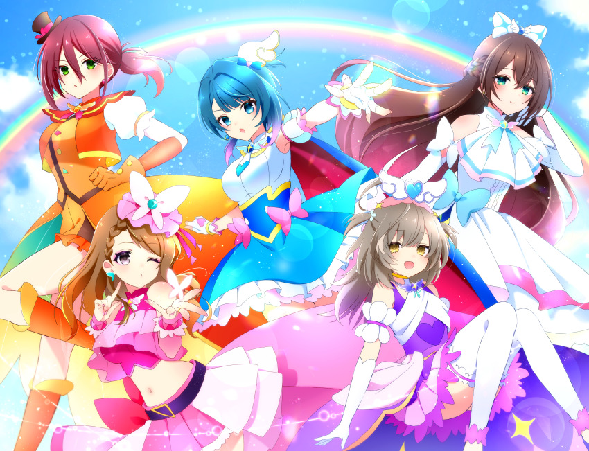 5girls :d absurdres aizawa_kazuha alternate_costume alternate_hairstyle arm_at_side arms_at_sides assault_lily asymmetrical_hair bare_shoulders belt black_belt black_hat blue_bow blue_cape blue_eyes blue_hair blue_ribbon blue_skirt blue_sky boots bow bracelet braid braided_bangs breasts brown_hair bug butterfly butterfly_hat_ornament cape closed_mouth cloud commentary_request commission cosplay crop_top cropped_jacket cure_butterfly cure_butterfly_(cosplay) cure_majesty cure_majesty_(cosplay) cure_prism cure_prism_(cosplay) cure_sky cure_sky_(cosplay) cure_wing cure_wing_(cosplay) day detached_sleeves dress dress_bow earrings elbow_gloves fingerless_gloves fingernails frilled_shirt_collar frilled_shorts frilled_skirt frills glint gloves gradient_hair green_eyes grey_eyes grey_hair hair_between_eyes hair_bow hair_ornament half_up_braid halter_dress halterneck hand_in_own_hair hand_up hands_up hat hat_ornament hat_ribbon hatsukano_you heart heart_print highres hirogaru_sky!_precure iijima_renka index_finger_raised insect jewelry knee_boots knees_together_feet_apart knees_up leg_up lens_flare light_particles light_smile long_bangs long_hair looking_at_viewer low_ponytail magical_girl medium_breasts medium_hair midriff mini_hat mini_top_hat mizuha_(dreamchild_0504) multicolored_hair multiple_girls navel neck_ribbon necktie open_mouth orange_boots orange_gloves orange_shirt orange_shorts outdoors outstretched_arm parted_lips pink_hair pink_hat pink_ribbon pink_shirt pink_skirt pixiv_commission pleated_skirt ponytail precure print_gloves puffy_detached_sleeves puffy_short_sleeves puffy_sleeves purple_dress rainbow red_cape red_hair ribbon sasaki_ran see-through_clothes see-through_sleeves serizawa_chikaru shirt short_necktie short_sleeves shorts showgirl_skirt side_ponytail sitting skirt sky sleeveless sleeveless_dress sleeveless_shirt smile sparkle standing standing_on_one_leg stomach streaked_hair tilted_headwear top_hat two-tone_hair two-tone_skirt two_side_up underbust v-shaped_eyebrows very_long_hair white_bow white_butterfly white_gloves white_necktie white_shirt white_skirt wing_hair_ornament wrist_cuffs yellow_eyes