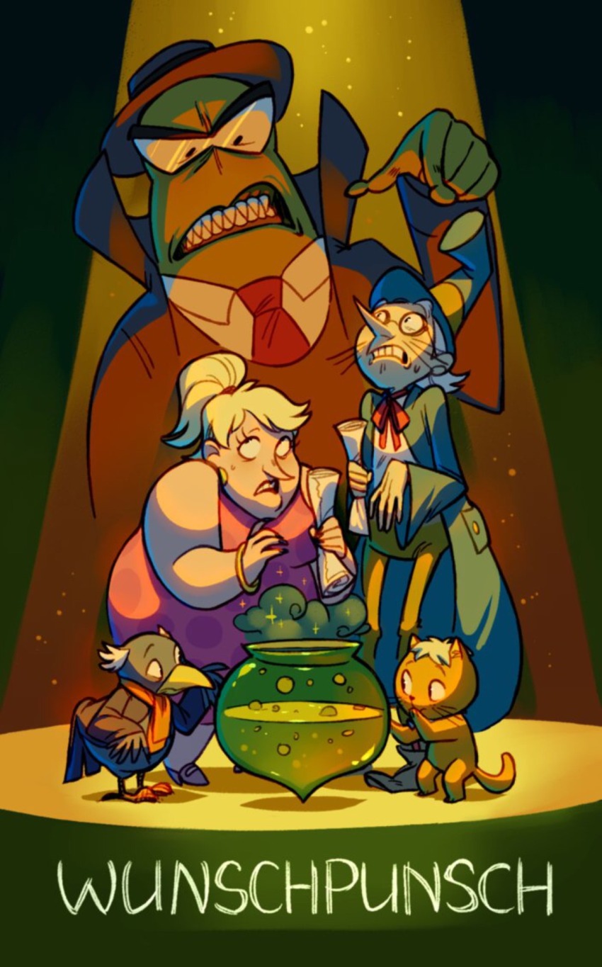 1girl 4boys bird blonde_hair blue_coat bracelet bubonic_preposteror cat cauldron coat copyright_name crow demon dress english_text hat high_collar highres holding holding_paper jacob_(wunschpunsch) jewelry looking_at_another looking_at_object maledictus_t_maggot mauricio_(wunschpunsch) medium_hair monster multiple_boys necktie paper pointing ponytail red_dress red_necktie red_ribbon red_scarf ribbon scared scarf sharp_teeth sleeveless sleeveless_dress teeth tyrannia_vampirella vicmistake-blog whiskers white_hair witch wizard wizard_hat wunschpunsch