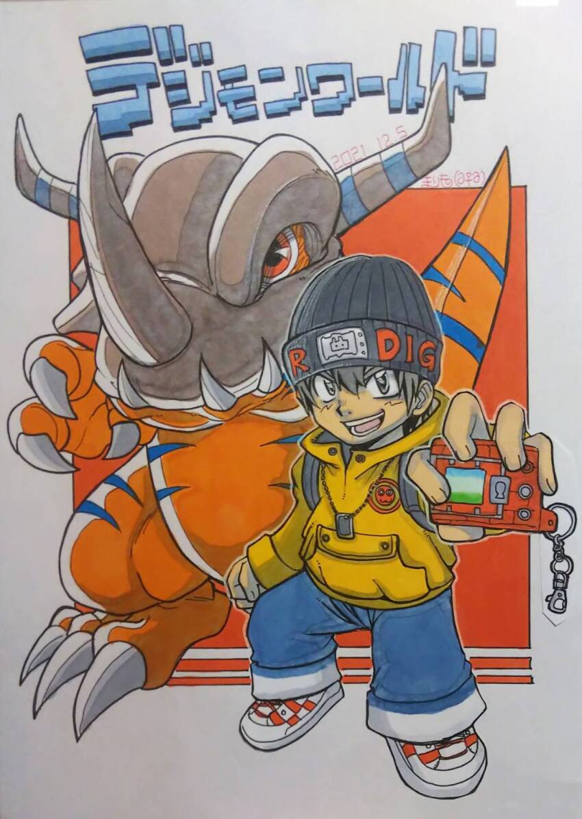 1boy artist_name backpack bag beanie black_hair blue_pants blue_skin claws colored_skin copyright_name dated digimon digimon_(creature) digimon_(virtual_pet) digimon_world dinosaur fangs fewer_digits full_body greymon hat helmet highres holding hood hoodie horns mameo_(digimon) marimo_(marimomaster731) orange_skin orange_theme outstretched_arm pants red_eyes traditional_media virtual_pet_(toy) yellow_hoodie