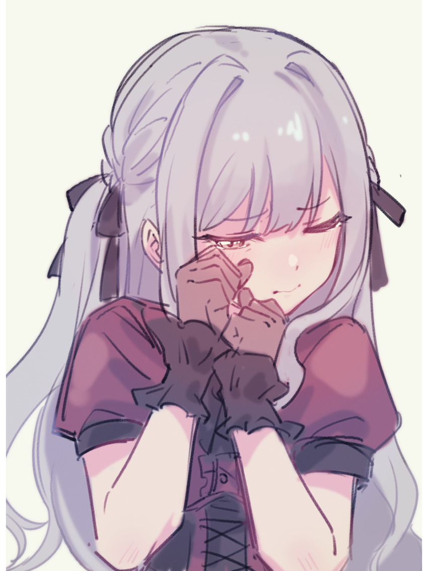 1girl bang_dream! bang_dream!_it&#039;s_mygo!!!!! black_gloves black_ribbon blue_hair chinese_commentary closed_mouth commentary_request gloves grey_background hair_ribbon half-closed_eye hands_up highres long_hair oblivionis_(bang_dream!) one_eye_closed puffy_short_sleeves puffy_sleeves qiu_ye_xuxing red_shirt ribbon shielding shirt short_sleeves sidelocks simple_background solo togawa_sakiko two_side_up upper_body
