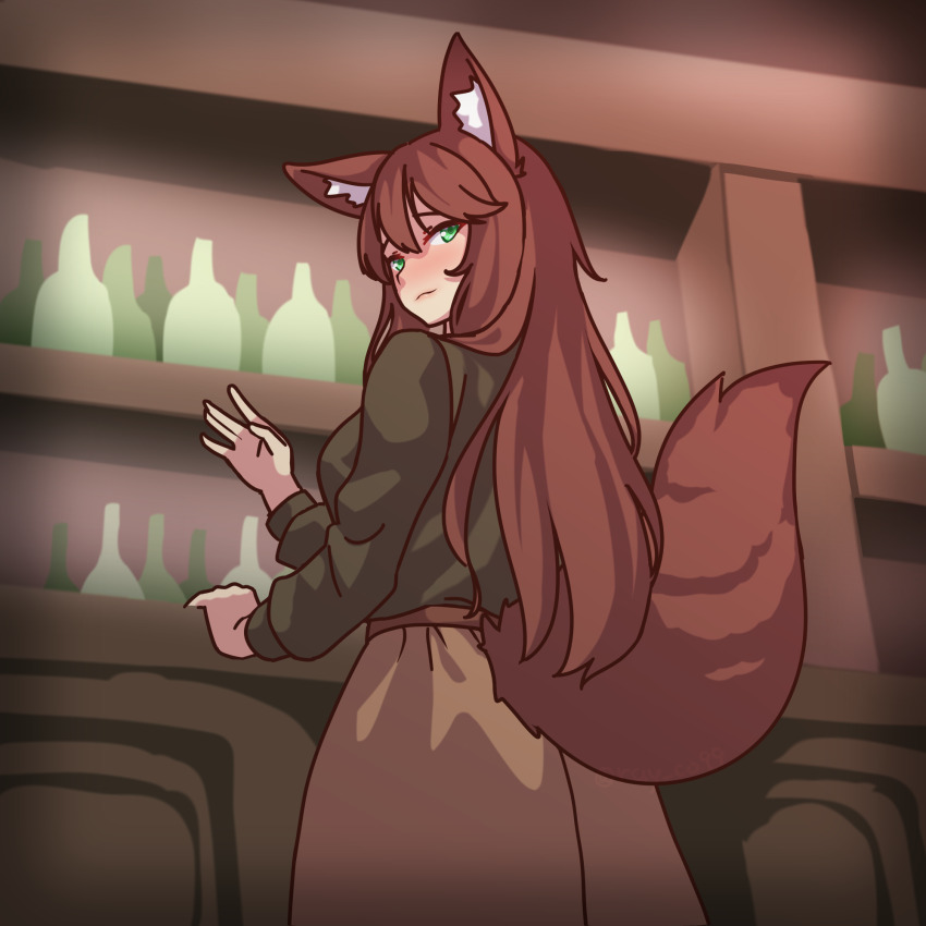 1girl animal_ear_fluff animal_ears black_shirt breasts brown_hair brown_skirt fox_ears fox_girl fox_tail from_behind from_below green_eyes hair_between_eyes highres indoors long_hair long_sleeves looking_at_viewer looking_back looking_down medium_breasts original ray_co99 shirt skirt solo tail very_long_hair
