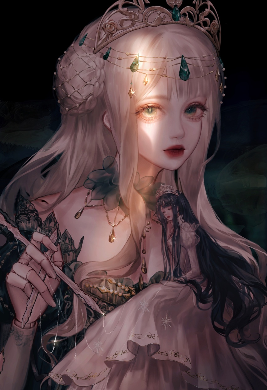 2girls absurdres black_background black_hair blonde_hair breasts bun_cover bun_with_braided_base character_request chinese_commentary circlet cleavage closed_eyes collar commentary_request doll_joints double_bun dress expressionless eyelashes fishnets frilled_collar frills gold_necklace gold_tiara gown green_collar green_dress green_eyes hair_bun highres holding holding_mini_person holding_smoking_pipe jewelry jiaopiupiu joints lace-trimmed_sleeves lace_trim leaning_on_person light_rays lipstick long_dress long_hair long_sidelocks makeup mini_person minigirl multiple_girls necklace nikki_(series) off-shoulder_dress off_shoulder orange_eyes parted_lips puffy_short_sleeves puffy_sleeves red_lips shining_nikki short_sleeves sidelocks size_difference smoking_pipe sparkle upper_body white_arm_warmers white_dress