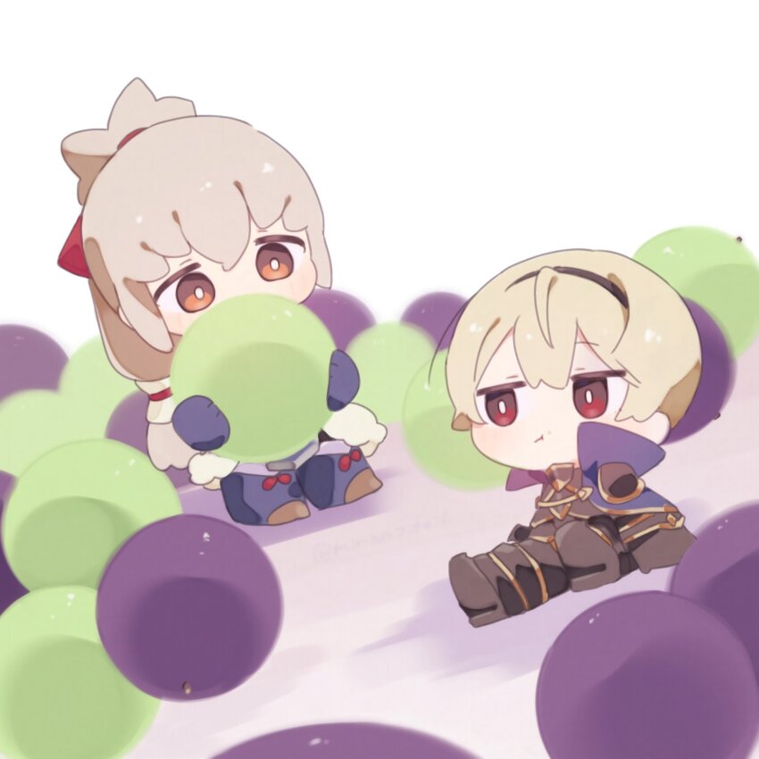 2boys black_hairband blonde_hair brown_eyes chibi fire_emblem fire_emblem_fates grey_hair hair_ribbon hairband high_ponytail highres leo_(fire_emblem_fates) multiple_boys nintendo ponytail red_eyes red_ribbon ribbon sorane_amus takumi_(fire_emblem)
