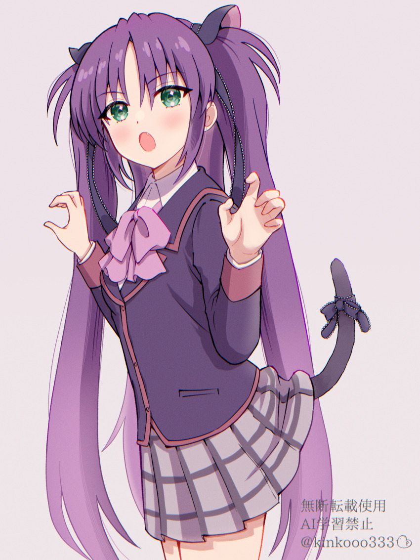 1girl :o animal_ears black_bow black_jacket black_ribbon blush bow cat_ears cat_tail claw_pose commentary cowboy_shot eyes_visible_through_hair fake_animal_ears fake_tail fang green_eyes grey_background grey_skirt hair_between_eyes hair_bow hair_ribbon hands_up highres jacket lace lace-trimmed_ribbon lace_trim little_busters! little_busters!_school_uniform long_hair long_sleeves looking_at_viewer miniskirt open_mouth pink_bow piyo_(kinkooo333) plaid_clothes plaid_skirt pleated_skirt purple_hair ribbon sasasegawa_sasami school_uniform simple_background skirt solo straight_hair tail tail_bow tail_ornament tail_raised twitter_username two_side_up very_long_hair w_arms