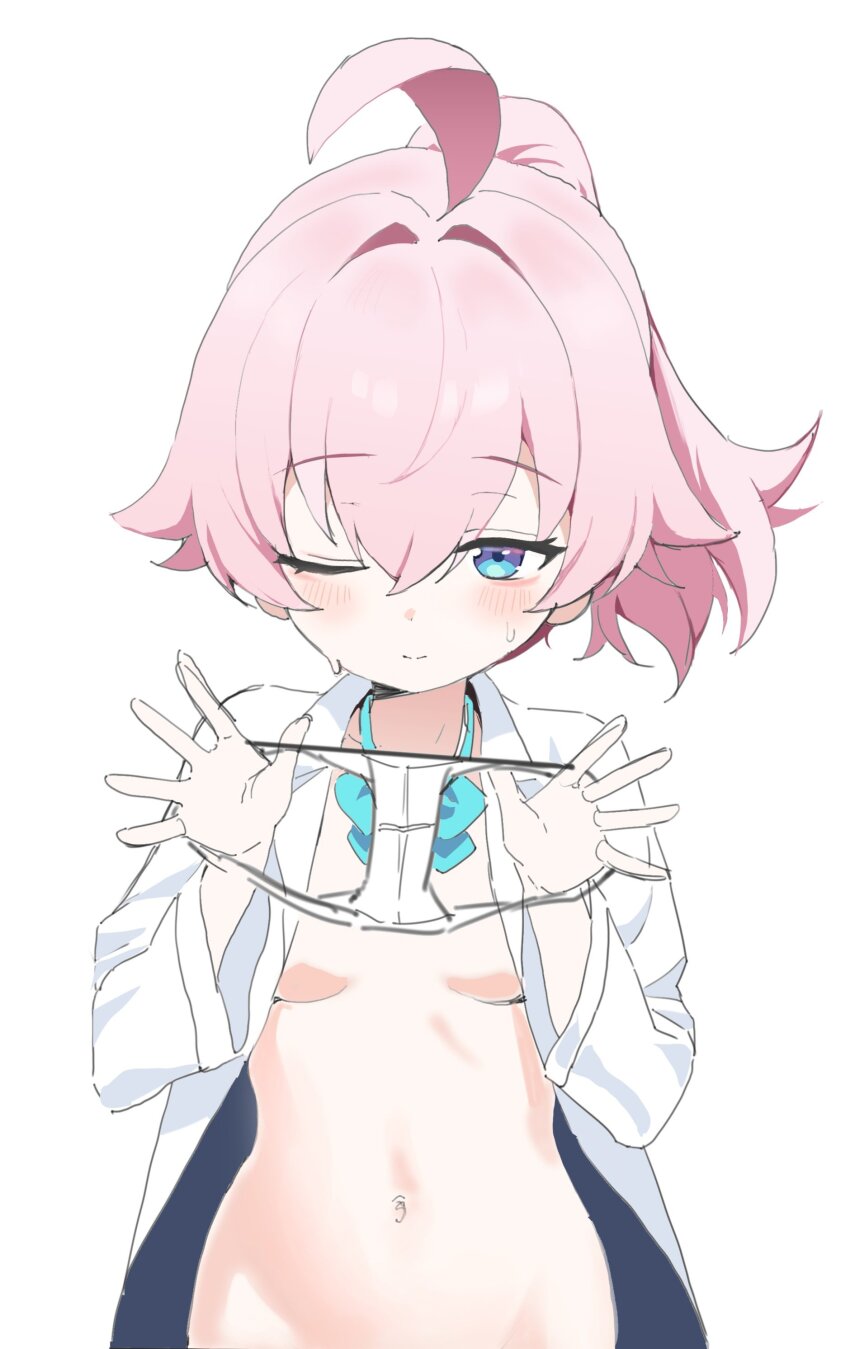 1girl absurdres ahoge aqua_bow aqua_bowtie bags_under_eyes blue_archive blue_eyes blush bow bowtie breasts closed_mouth collarbone collared_shirt groin hair_between_eyes hands_up highres holding holding_panties holding_underwear holding_unworn_clothes hoshino_(blue_archive) huge_ahoge loli looking_at_viewer loose_bowtie naked_shirt navel no_halo one_eye_closed open_clothes open_shirt out-of-frame_censoring panties pink_hair ponytail quel_(quel1111) shirt short_hair simple_background small_breasts smile solo split_mouth standing stomach sweatdrop unbuttoned underwear upper_body white_background white_panties white_shirt