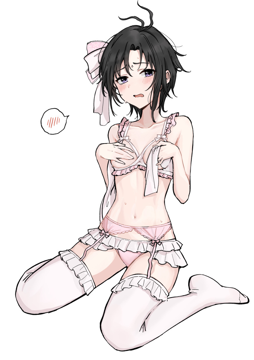 1girl absurdres aburi-gatana antenna_hair black_hair blush breasts collarbone covering_breasts covering_privates full_body garter_belt highres idolmaster idolmaster_(classic) kikuchi_makoto loose_hair_strand navel open_mouth panties pink_panties short_hair simple_background sitting solo spoken_blush tears thighhighs underwear underwear_only white_background white_thighhighs