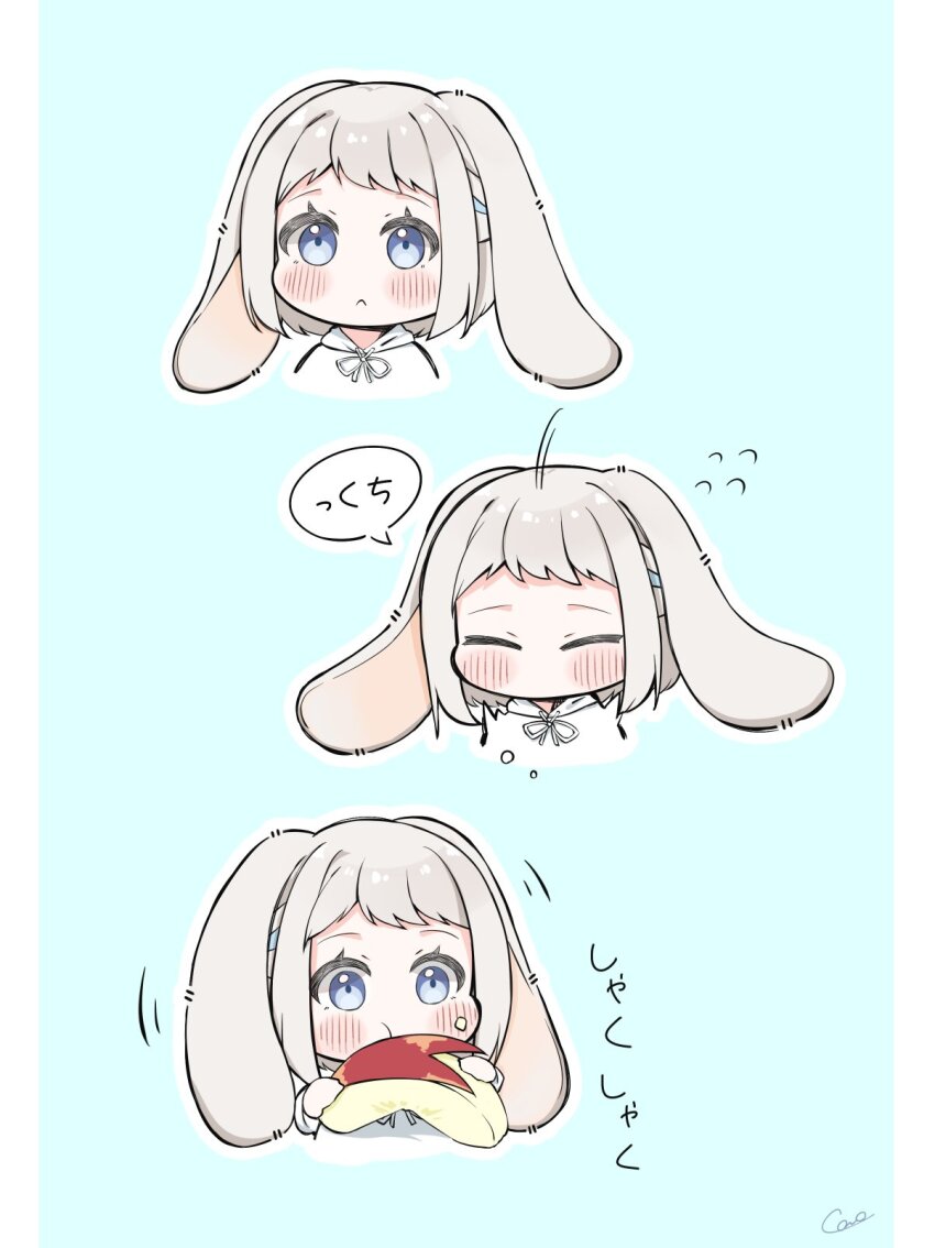 1girl :c animal_ears apple apple_rabbit apple_slice blush coro_(corota_5656) cropped_torso eating flying_sweatdrops food food_art fruit gakuen_idolmaster grey_hair highres holding holding_food holding_fruit hood hoodie idolmaster katsuragi_lilja kemonomimi_mode lop_rabbit_ears multiple_views rabbit_ears short_hair simple_background sneezing speech_bubble upper_body white_hoodie