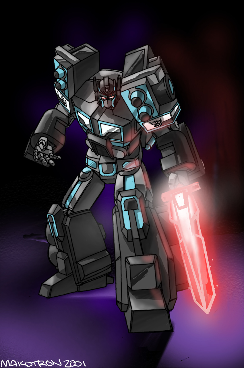2000s_(style) absurdres black_background clenched_hand commentary decepticon english_commentary highres holding holding_sword holding_weapon looking_down makoto_ono mecha nemesis_prime no_humans purple_background red_eyes robot science_fiction solo standing sword transformers transformers_car_robots two-tone_background weapon