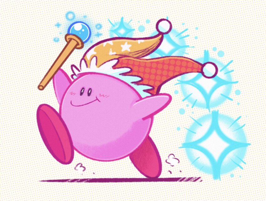 beam_kirby commentary copy_ability english_commentary hat highres holding holding_wand jester_cap kirby kirby_(series) mostlyghostly nintendo no_humans running simple_background smile sparkle star_(symbol) wand weapon
