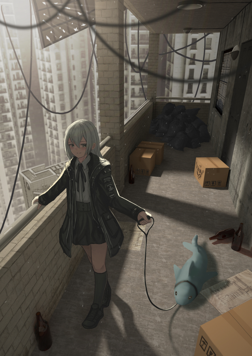 1girl absurdres andy2465 black_footwear black_jacket black_skirt black_socks bottle box building cardboard_box commentary english_commentary grey_hair hair_between_eyes hand_on_railing highres holding holding_leash jacket leash leather leather_jacket light_particles light_smile long_hair neck_ribbon open_clothes open_jacket original ribbon shadow shark shirt skirt socks solo standing stuffed_animal stuffed_shark stuffed_toy trash_bag urban white_hair white_shirt