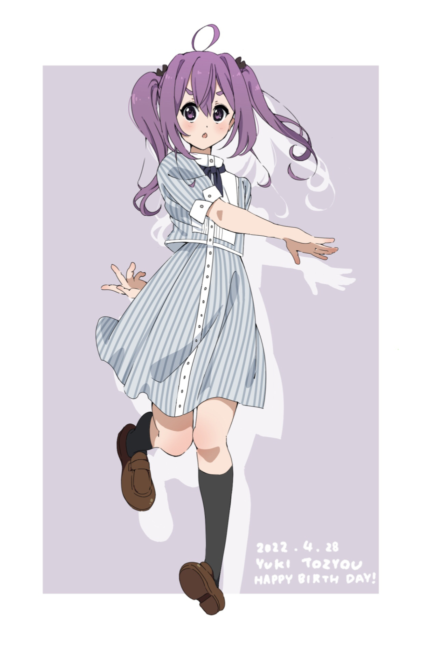 1girl 22/7 :o ahoge black_bow black_bowtie black_ribbon black_socks blush border bow bowtie brown_shoes character_name dancing dated dress happy_birthday highres leg_up loafers long_hair looking_at_viewer neck_ribbon open_mouth purple_background purple_eyes purple_hair ribbon rikaisha shoes short_sleeves socks solo striped_clothes striped_dress tanpaku_(oqu_2) tojo_yuki twintails vertical-striped_clothes vertical-striped_dress white_border