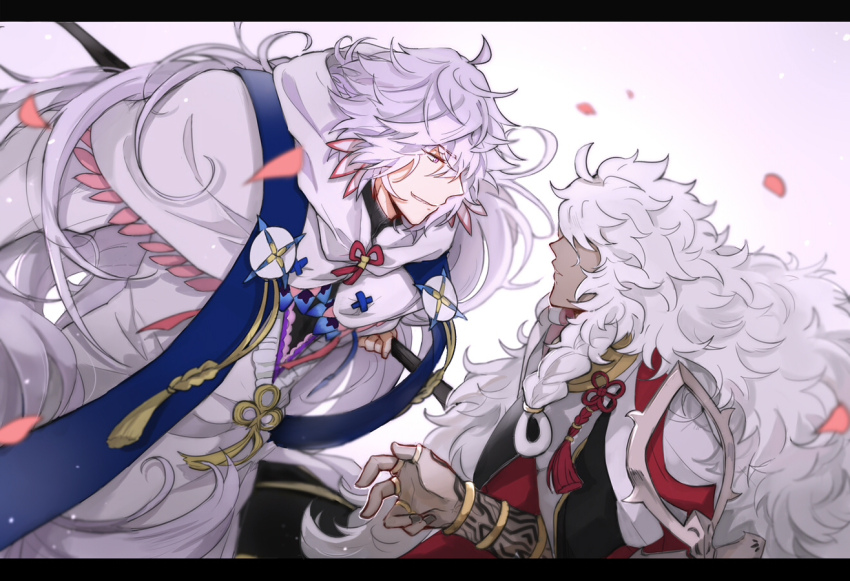 2boys ahoge arm_tattoo black_pants braid covered_eyes dark-skinned_male dark_skin earrings falling_petals fate/grand_order fate_(series) flower_earrings flower_knot grin hair_between_eyes hand_tattoo hand_up holding holding_staff hood hood_down hooded_robe jewelry letterboxed long_hair long_sleeves looking_at_another mage_staff male_focus merlin_(fate) multiple_boys multiple_rings pants parted_lips petals purple_eyes purple_hair ring robe ruoyin shawl simple_background single_braid smile smirk solomon_(fate) staff tassel tattoo thumb_ring very_long_hair white_hair white_robe