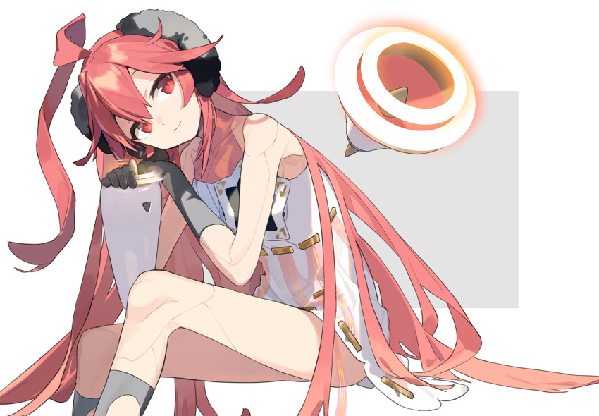 1girl ahoge ass black_gloves closed_mouth commentary_request dress gloves hair_between_eyes hitogome long_hair red_eyes red_hair sf-a2_miki sf-a2_miki_(ai_miki) sitting sleeveless sleeveless_dress smile solo synthesizer_v very_long_hair vocaloid