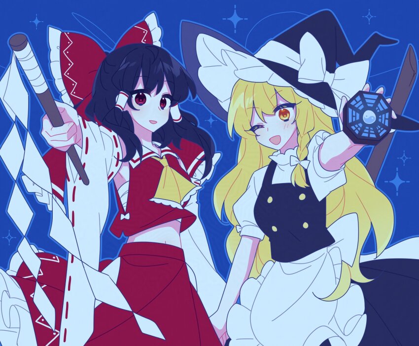 2girls apron ascot black_hair black_vest blonde_hair blue_background bow braid chest_sarashi commentary detached_sleeves frilled_bow frills gohei hair_bow hair_tubes hakurei_reimu hat hat_bow highres holding holding_gohei holding_hands kirisame_marisa light_blush long_hair looking_at_viewer mini-hakkero multiple_girls navel one_eye_closed open_mouth red_bow red_eyes red_skirt ribbon-trimmed_sleeves ribbon_trim sarashi side_braid single_braid skirt skirt_set smile symbol-only_commentary toichou_butterfly touhou vest waist_apron white_apron white_bow witch_hat yellow_ascot yellow_eyes yin_yang