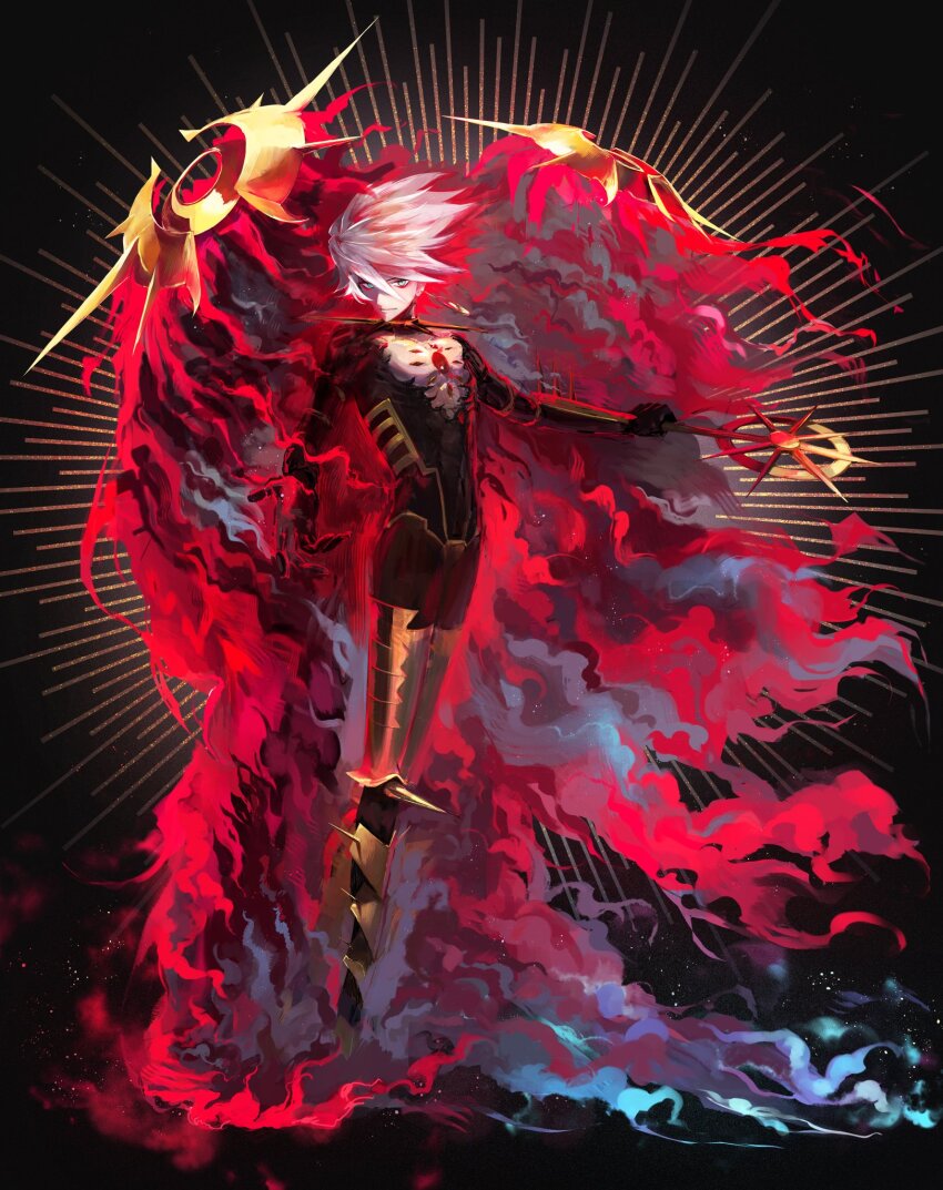 1boy blue_eyes chest_jewel collar earrings eyeshadow eyeshadow_under_eye fate/grand_order fate_(series) full_body hair_between_eyes highres holding holding_polearm holding_weapon jewelry jun_canopus karna_(fate) kavacha_(fate) kundala_(fate) looking_at_viewer makeup male_focus polearm red_eyeshadow short_hair solo spiked_collar spikes standing vasavi_shakti_(fate) weapon white_hair